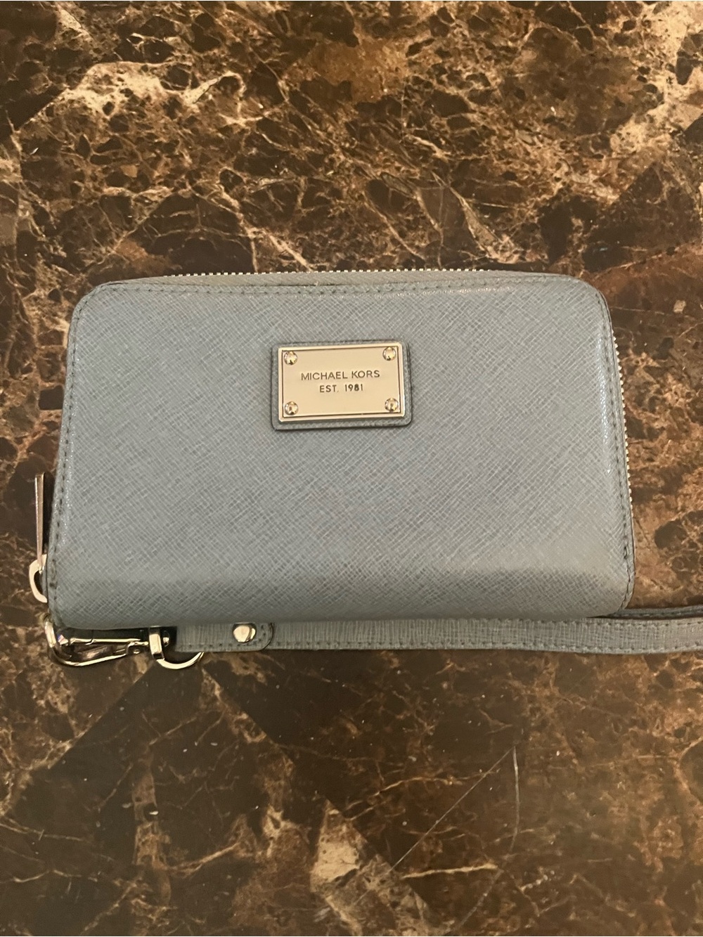 Michael Kors Powder Blue Saffiano leather Zip Wristlet Wallet